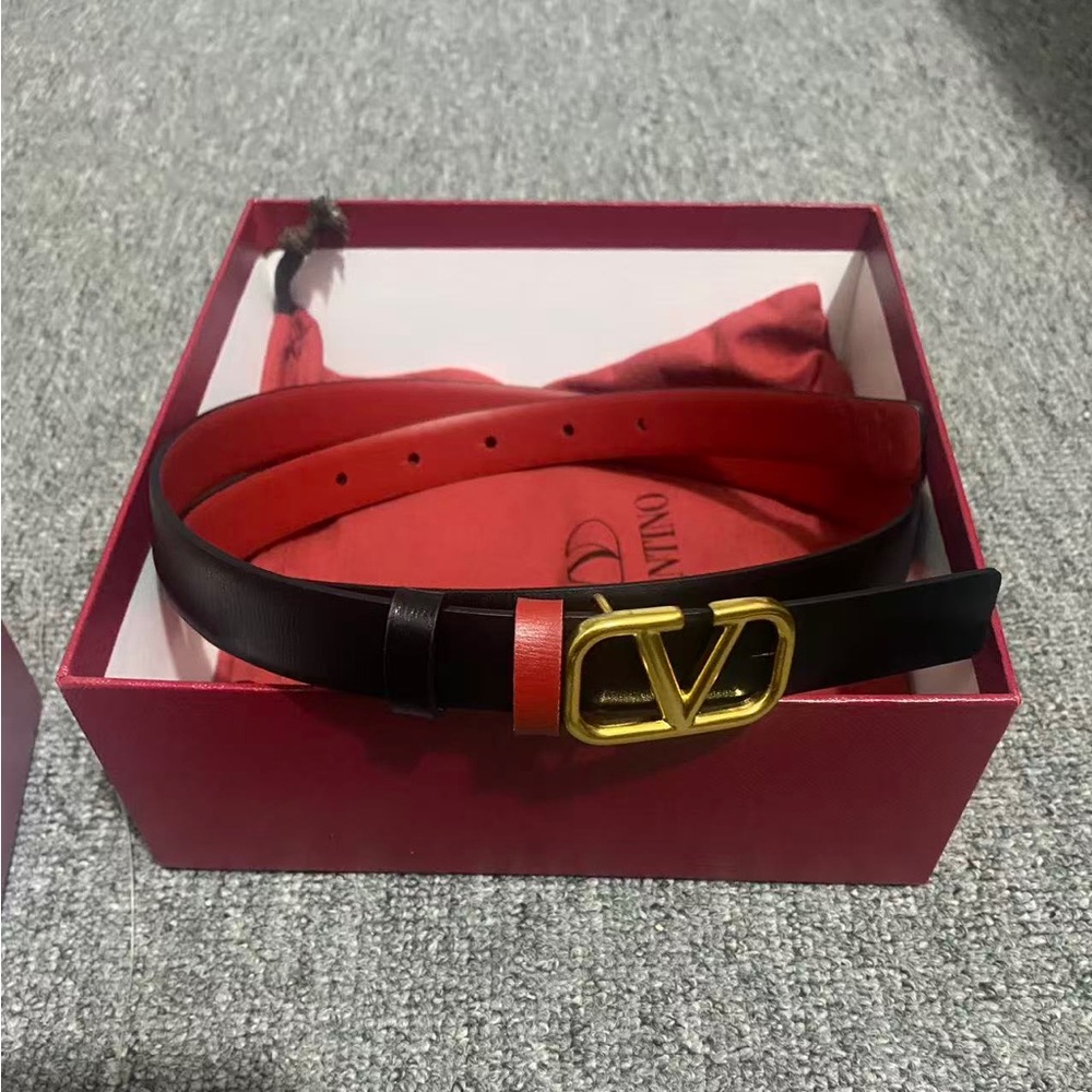 Valentino VLogo Slim Belt 85cm 34in Black Red Leather Gold Buckle